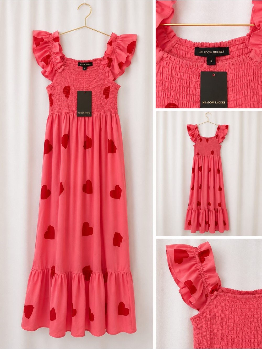 Coral Pink Midi Dress with Red Heart Print